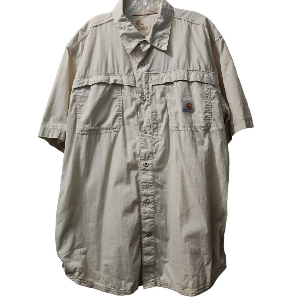 Carhartt Relaxed Fit Shirt Button Up Short Sleeve Work Utility Beige Size